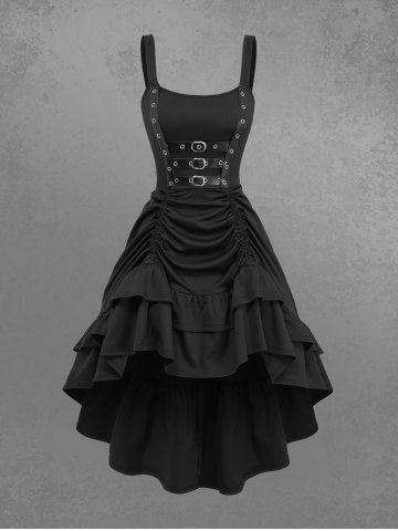 Gothic PU Strap Buckle Grommet Cinched Ruched Ruffles Layered High Low Asymmetric Dress - BLACK - S