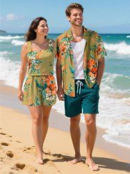 Matching Hawaii Shirt and Romper Plus Size Beach Outfit Tropical Leaf Hibiscus Printed for Couples -  