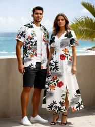 Tropical Leaf Flower Branch Print Plus Size Matching Hawaii Beach Outfit For Couples -  