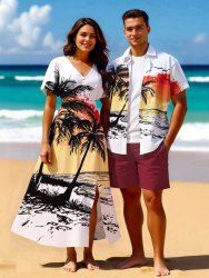 Coconut Tree Seascape Bird Ombre Colorblock Print Plus Size Matching Hawaii Beach Outfit For Couples -  