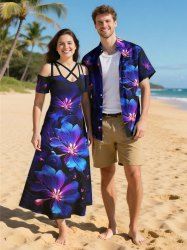 Flowers Glitter 3D Print Plus Size Matching Hawaii Beach Outfit For Couples -  