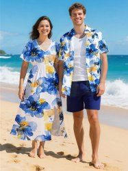Ombre Watercolor Flower Print Plus Size Matching Hawaii Beach Outfit For Couples -  