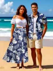 Tropical Leaf Hibiscus Flower Print Plus Size Matching Hawaii Beach Outfit For Couples -  