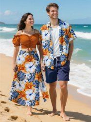 Tropical Leaf Hibiscus Flower Print Plus Size Matching Hawaii Beach Outfit For Couples -  
