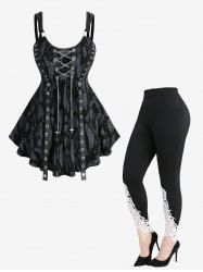 Tenue grande taille avec débardeur à lacets et leggings à appliqués, imprimé léopard gothique - Noir 