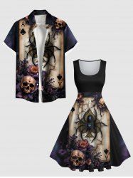 Halloween Skulls Flowers Spider Poker Print Plus Size Matching Outfit For Couples -  