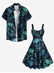 Halloween Skulls Print Plus Size Matching Outfit For Couples - Noir 