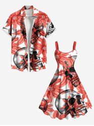 Halloween Skulls Flowers Print Plus Size Matching Outfit For Couples - Rouge 