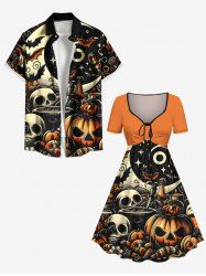 Halloween Pumpkin Skulls Star Bat Moon Print Plus Size Matching Outfit For Couples -  