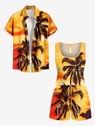 Matching Hawaii Shirt and Romper Plus Size Beach Outfit Coconut Tree Ombre Printed for Couples -  