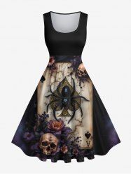 Plus Size Halloween Skulls Flowers Spider Poker Print 1950s Vintage Dress -  