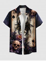 Plus Size Halloween Skulls Flowers Spider Poker Print Buttons Pocket Shirt For Men -  