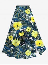 Jupe hawaïenne fendue à imprimé feuilles tropicales et fleurs grande taille - Bleu L