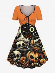 Plus Size Halloween Pumpkin Skulls Star Bat Moon Print Cinched Dress -  