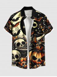 Plus Size Halloween Pumpkin Skulls Star Bat Moon Print Buttons Pocket Shirt For Men -  