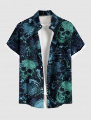 Plus Size Halloween Skulls Print Buttons Pocket Shirt For Men -  