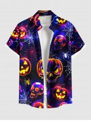 Plus Size Halloween Pumpkin Skulls Spider Web Galaxy Print Buttons Pocket Shirt For Men -  