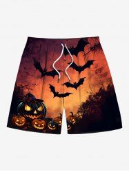 Plus Size Halloween Pumpkin Bat Moon Print Beach Shorts For Men -  