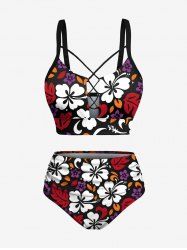 Plus Size Flowers Leaf Print Lace Up Panel Hawaii Tankini Set -  