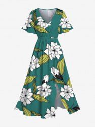Robe mi-longue hawaïenne fendue à imprimé fleurs et feuilles grande taille - Vert 4X
