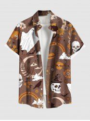 Plus Size Halloween Pumpkin Ghost Skull Flowers Mushroom Print Buttons Pocket Shirt For Men -  