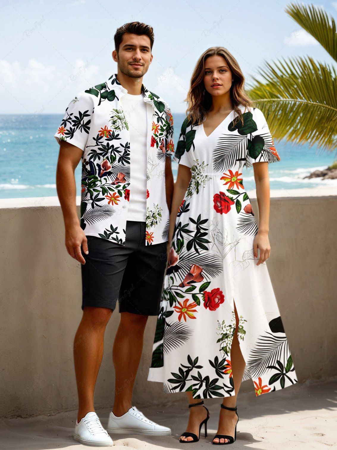 Fashion Tropical Leaf Flower Branch Print Plus Size Matching Hawaii Beach Outfit For Couples  