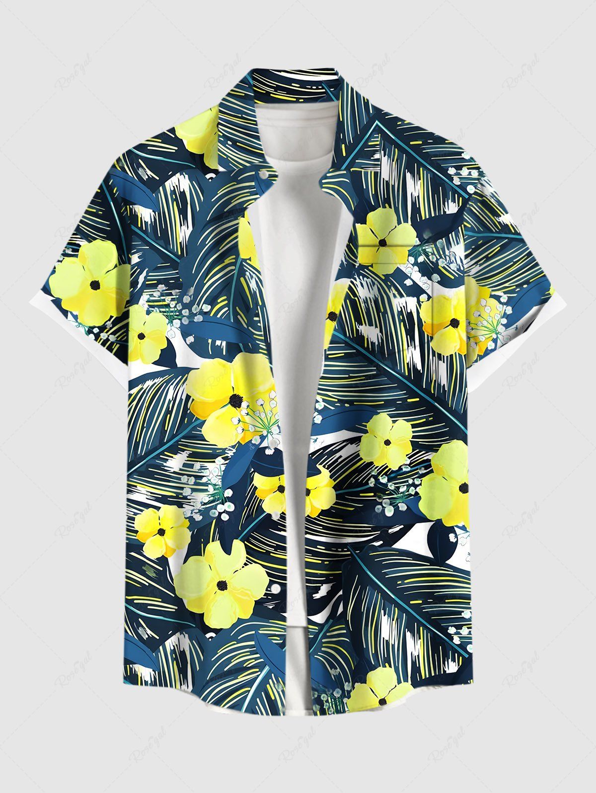 Unique Plus Size Flowers Tropical Leaf Print Buttons Pocket Hawaii Shirt For Men  
