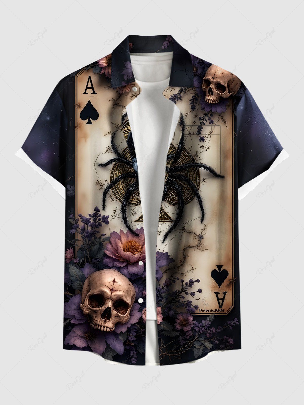 Chemise grande taille à boutons et poches pour homme, motif tête de mort, fleurs, araignée et poker Noir 5XL
