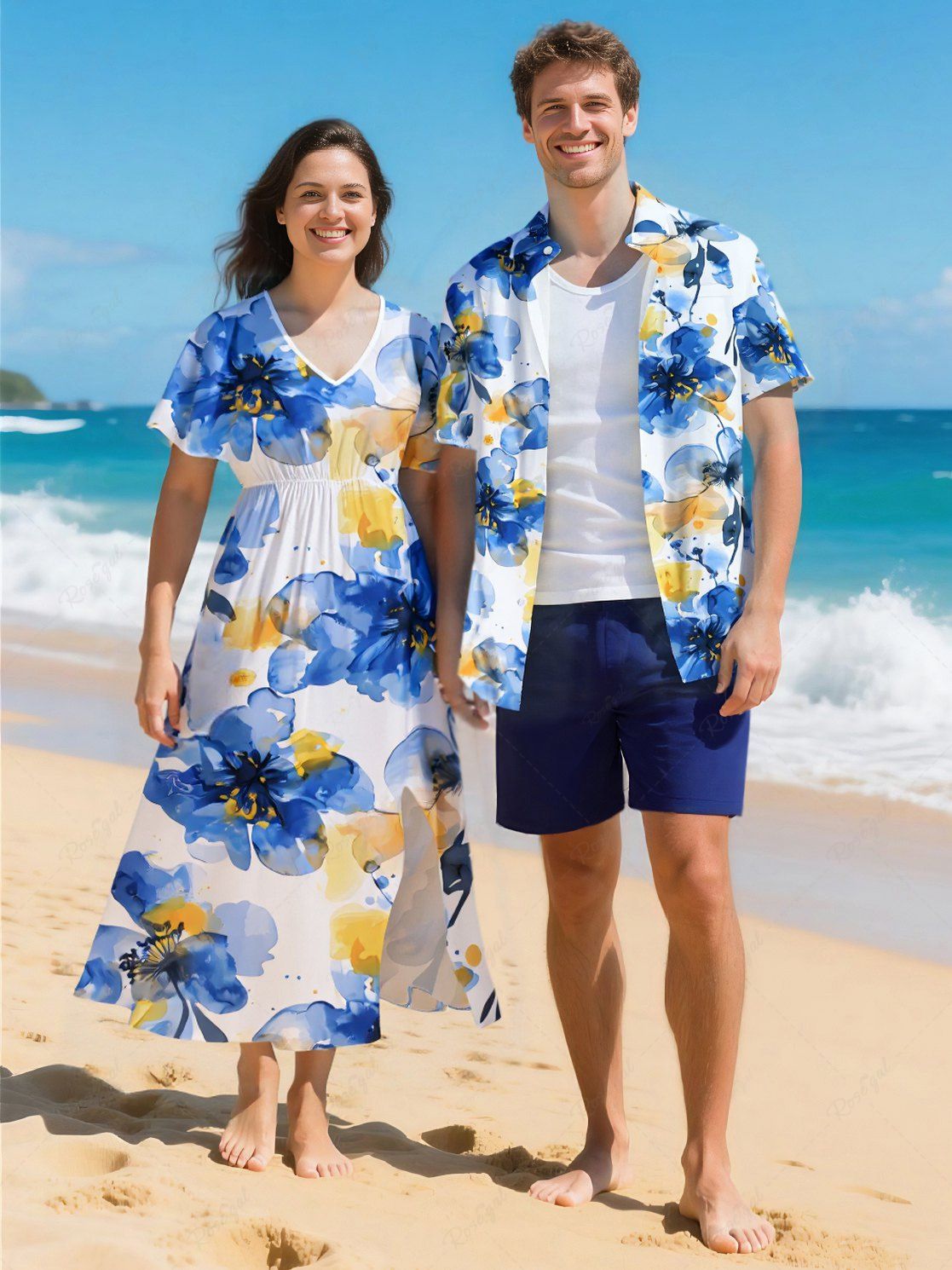 Outfit Ombre Watercolor Flower Print Plus Size Matching Hawaii Beach Outfit For Couples  