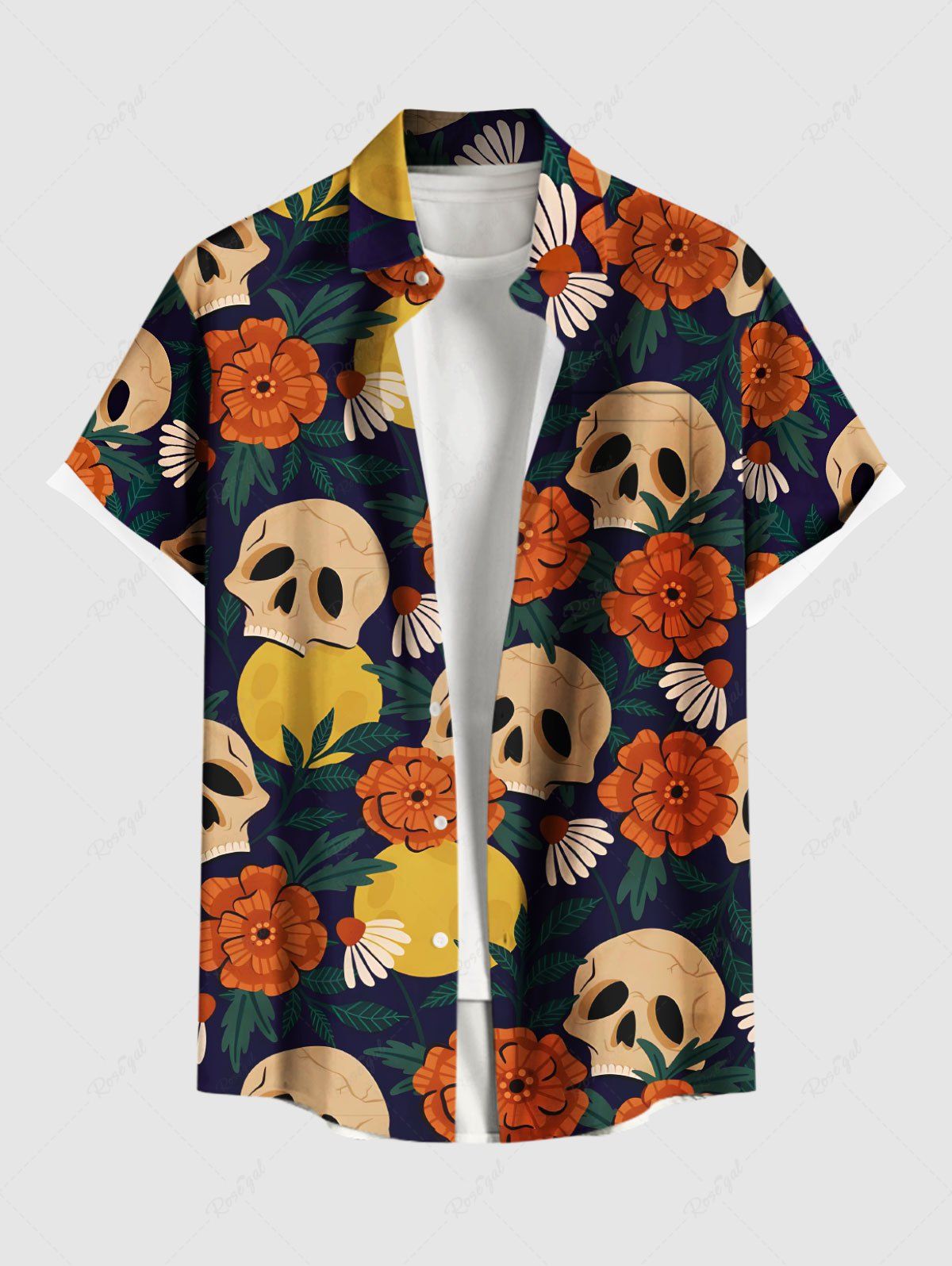 Store Plus Size Skulls Flowers Moon Print Hawaii Buttons Pocket Shirt For Men  
