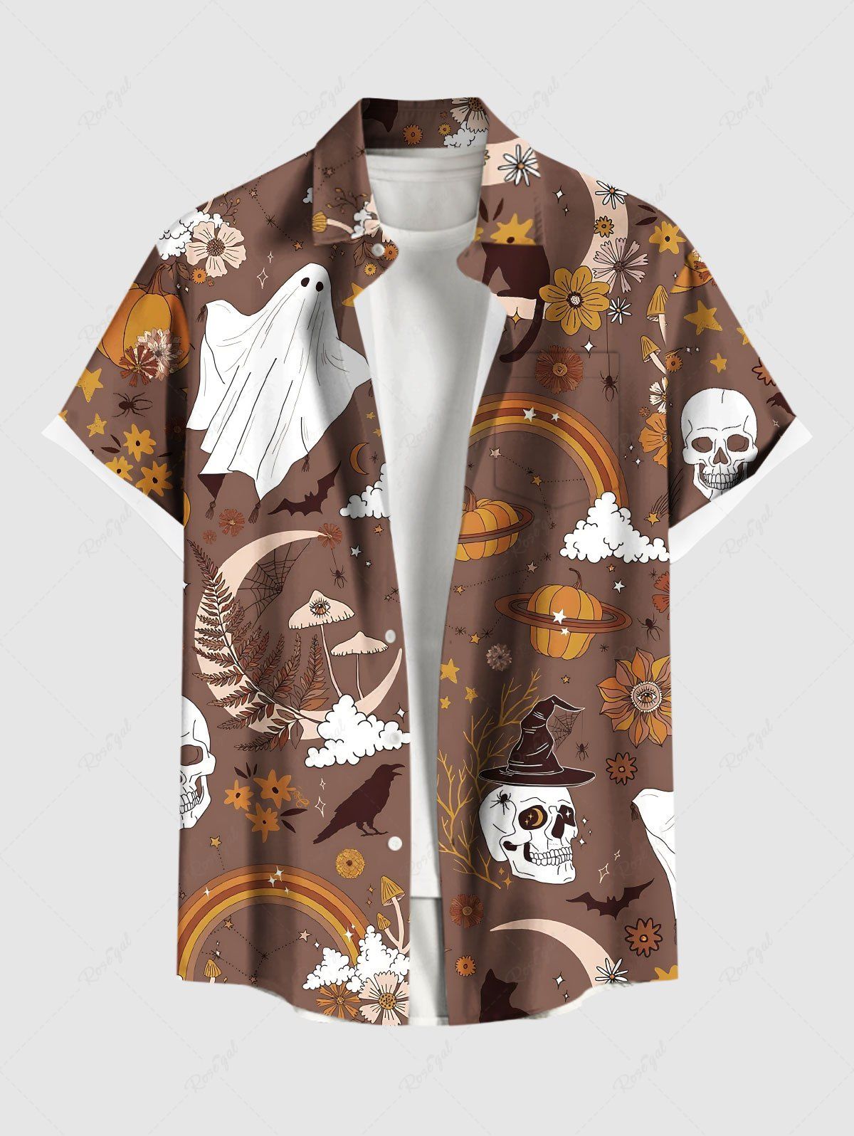 Chemise grande taille pour homme, motif citrouille, fantôme, crâne, fleurs, champignons, boutons et poches Brun Légère 3XL