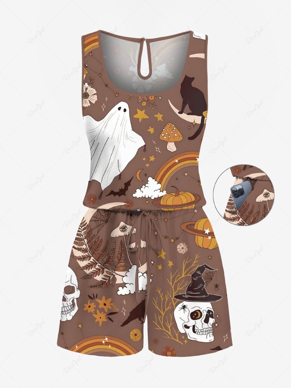 Unique Plus Size Halloween Pumpkin Ghost Skull Flowers Mushroom Print Cinched Romper  