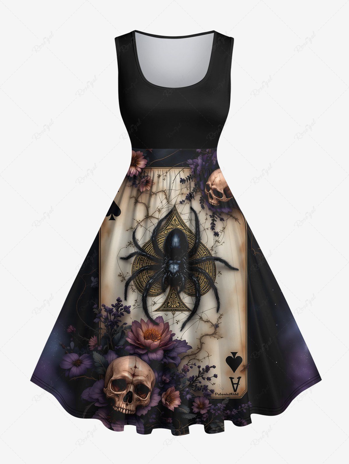 Robe vintage années 50 à imprimé tête de mort et fleurs pour Halloween, grande taille Noir 4X