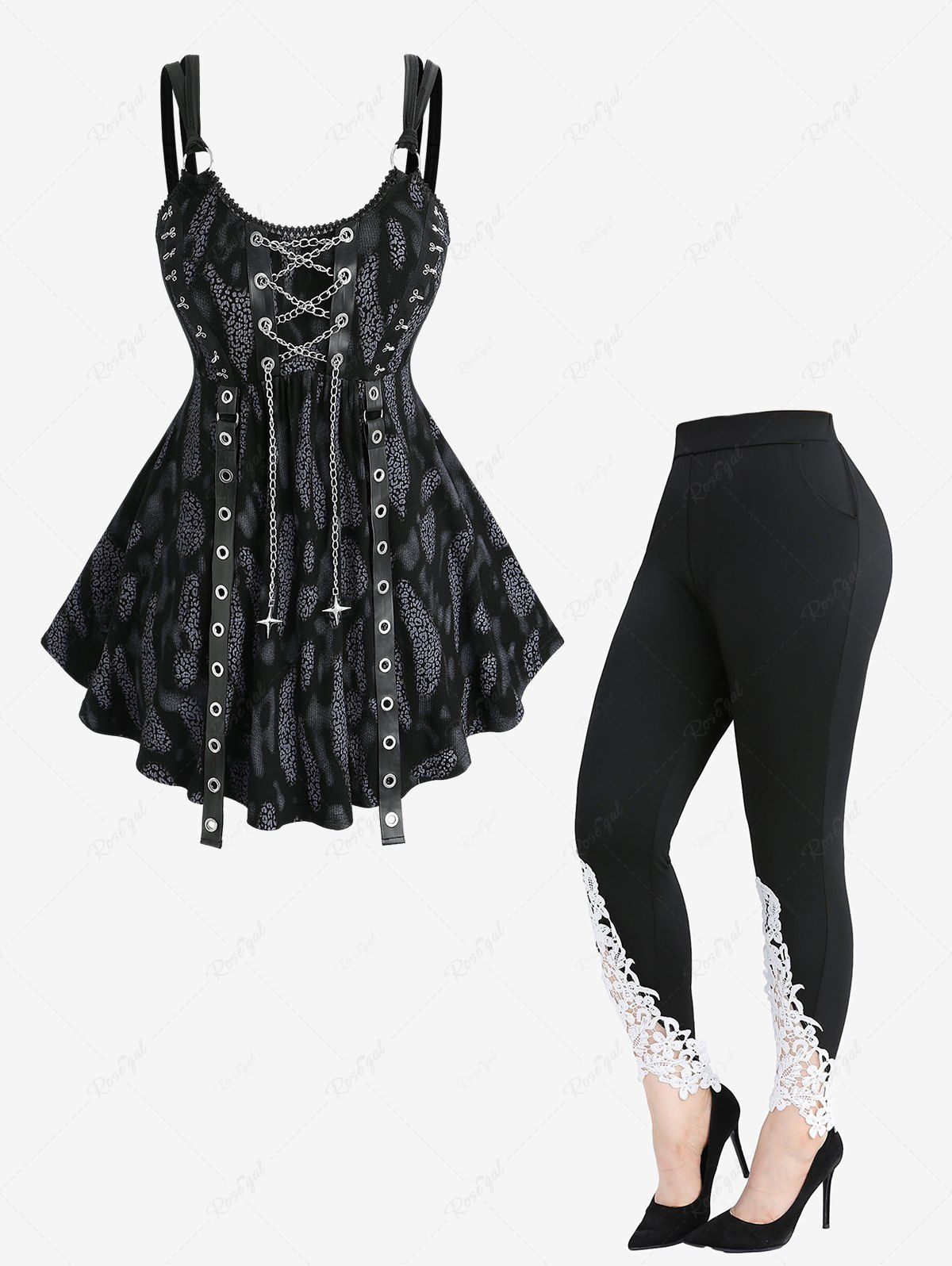 Tenue grande taille avec débardeur à lacets et leggings à appliqués, imprimé léopard gothique Noir 
