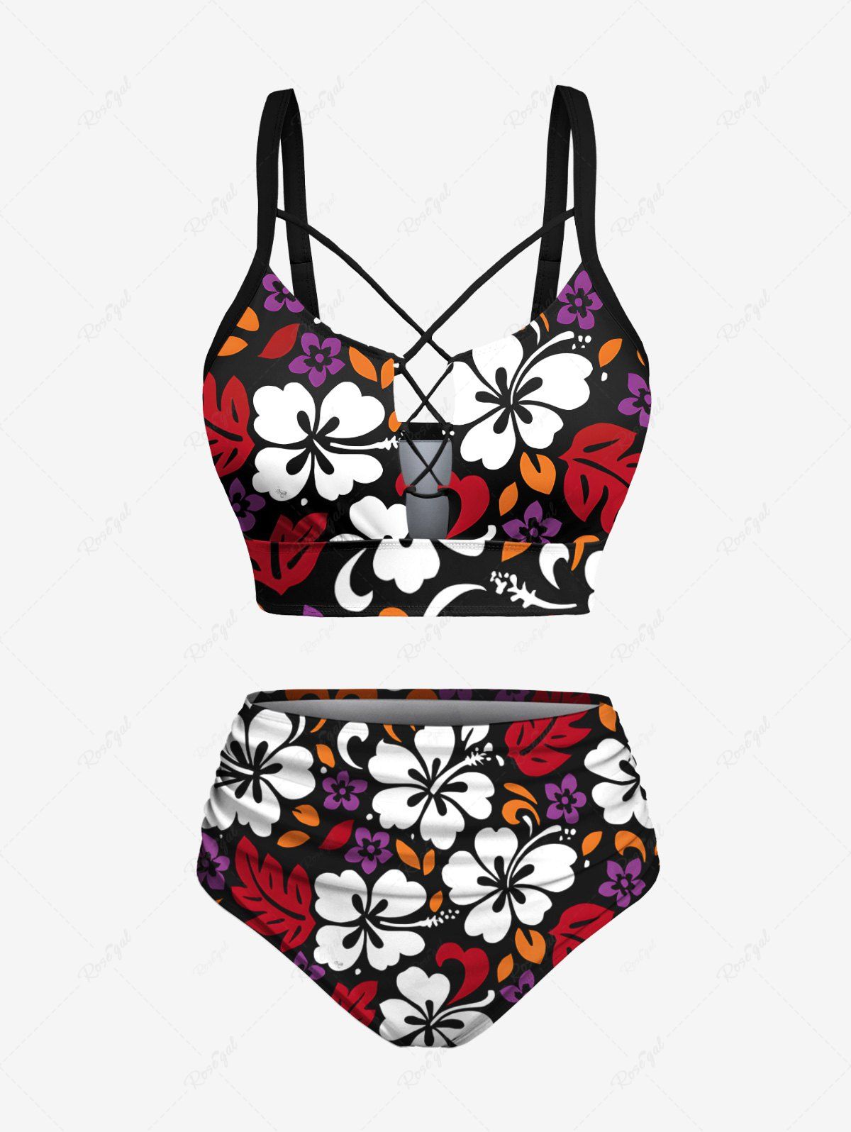 Ensemble tankini hawaïen grande taille à imprimé fleurs et feuilles avec empiècements à lacets Noir 6X