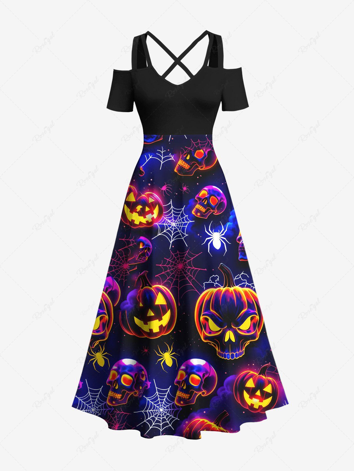 Latest Plus Size Halloween Pumpkin Skulls Spider Web Galaxy Print Cold Shoulder Crisscross Maxi Dress  