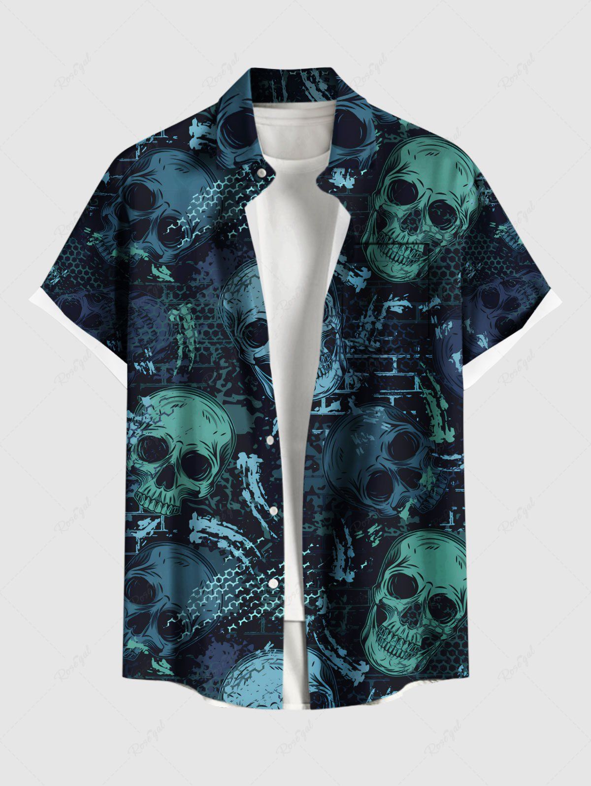 Chemise grande taille à boutons et poches pour homme, imprimé tête de mort Halloween Noir XL