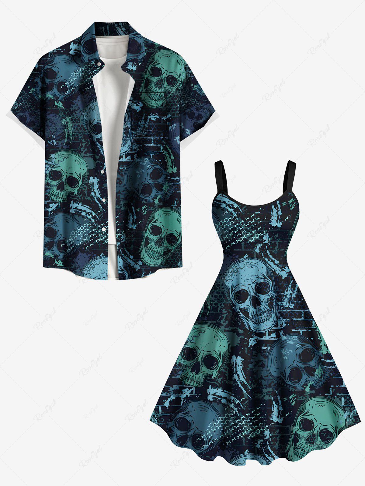 Halloween Skulls Print Plus Size Matching Outfit For Couples Noir 