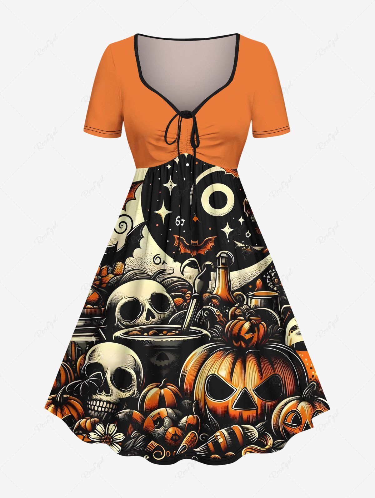 Trendy Plus Size Halloween Pumpkin Skulls Star Bat Moon Print Cinched Dress  