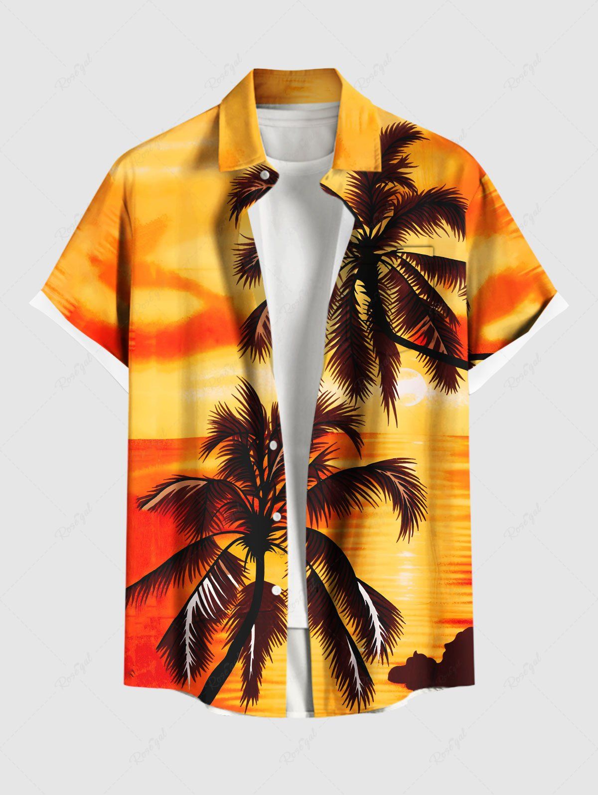 Fancy Plus Size Coconut Tree Ombre Print Buttons Pocket Hawaii Shirt For Men  