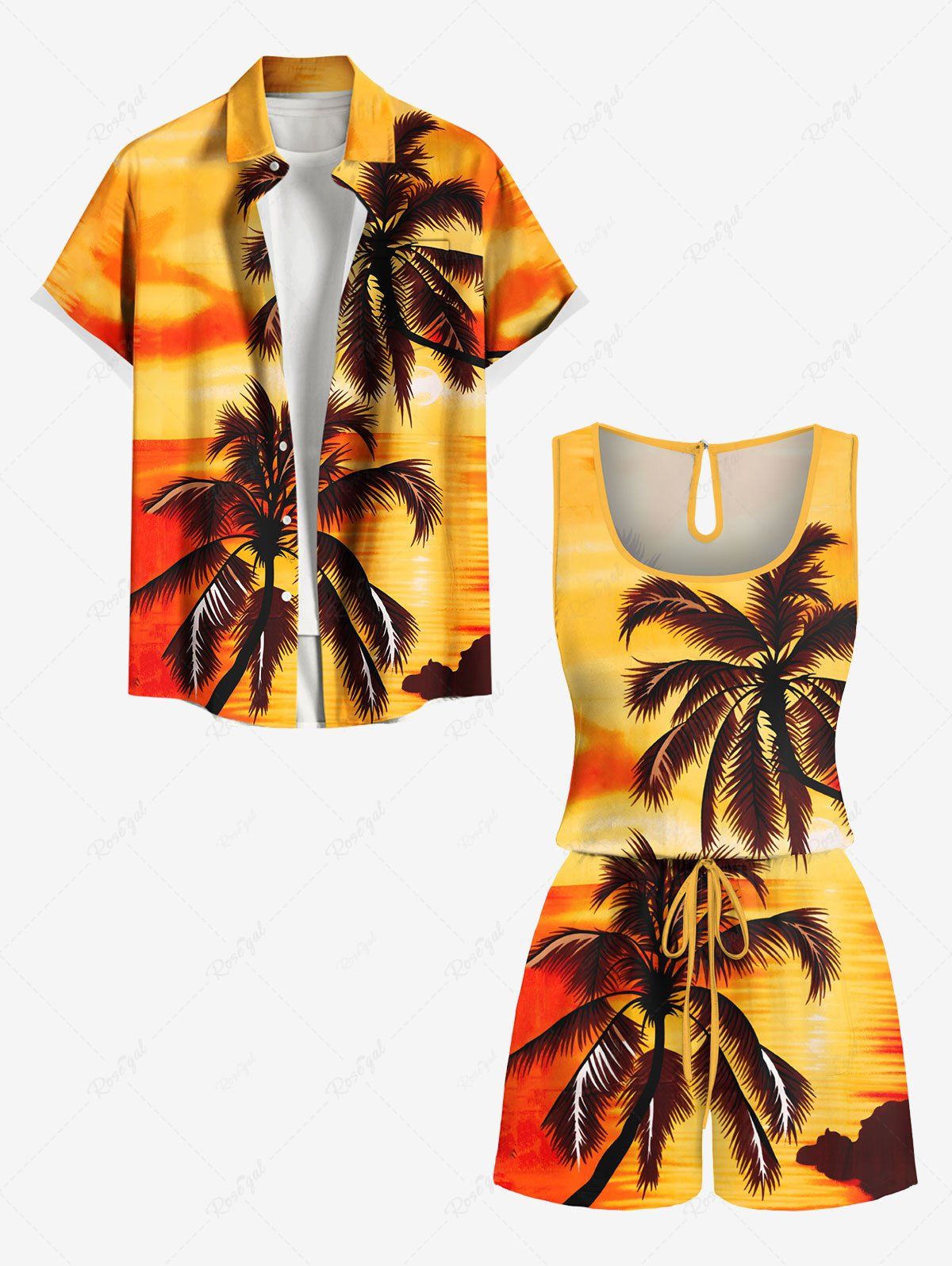 Hot Matching Hawaii Shirt and Romper Plus Size Beach Outfit Coconut Tree Ombre Printed for Couples  