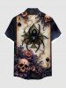 Plus Size Halloween Skulls Flowers Spider Poker Print Buttons Pocket Shirt For Men -  