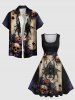 Plus Size Halloween Skulls Flowers Spider Poker Print 1950s Vintage Dress -  