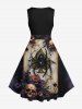 Plus Size Halloween Skulls Flowers Spider Poker Print 1950s Vintage Dress -  