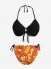 Halloween Pumpkin Ghost Bottles Letters Print Halter Cinched Bikini Set - Orange 4XL