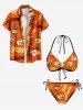 Halloween Pumpkin Ghost Bottles Letters Print Halter Cinched Bikini Set - Orange 4XL