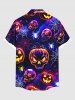 Plus Size Halloween Pumpkin Skulls Spider Web Galaxy Print Buttons Pocket Shirt For Men -  