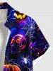 Plus Size Halloween Pumpkin Skulls Spider Web Galaxy Print Buttons Pocket Shirt For Men -  