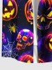 Plus Size Halloween Pumpkin Skulls Spider Web Galaxy Print Buttons Pocket Shirt For Men -  
