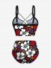 Plus Size Flowers Leaf Print Lace Up Panel Hawaii Tankini Set -  